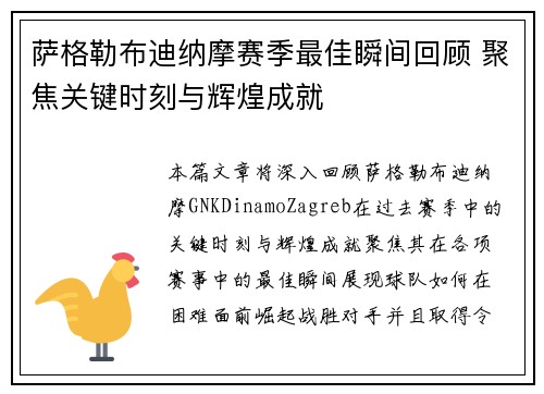 萨格勒布迪纳摩赛季最佳瞬间回顾 聚焦关键时刻与辉煌成就
