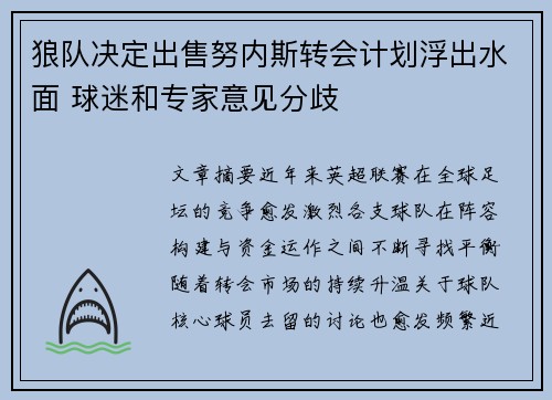 狼队决定出售努内斯转会计划浮出水面 球迷和专家意见分歧